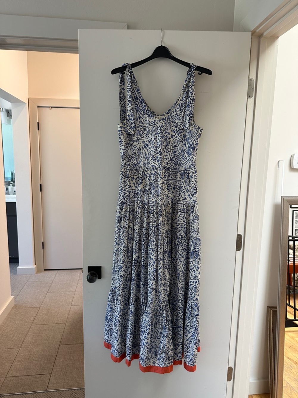 THML Blue and White Printed Maxi Dress with Coral Hem